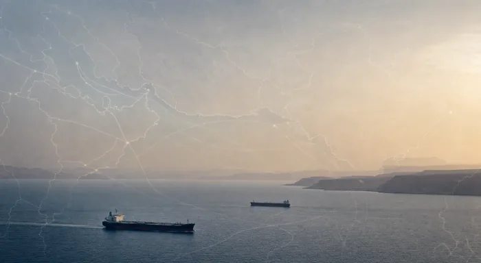 A wide, non-graphic view of ships and coastline near the Strait of Hormuz under a hazy sky.