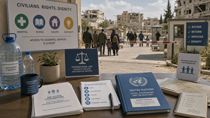 Non-graphic humanitarian scene with aid documents, water containers, school and hospital icons, and distant civilian silhouettes.