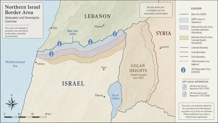 Simplified map of Israel’s borders with Lebanon and Syria, with neutral shaded buffer areas and UN-style boundary markers.