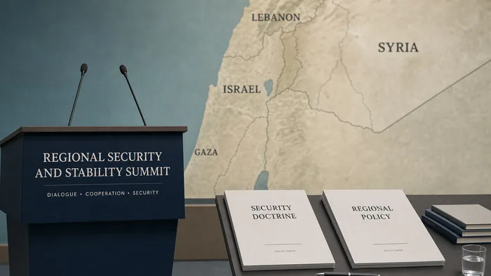 Editorial illustration of a podium, policy documents, and a regional map behind it.