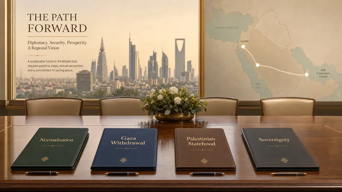 Diplomatic table with documents on normalization, Gaza withdrawal, Palestinian statehood, and sovereignty beside a Gulf skyline.