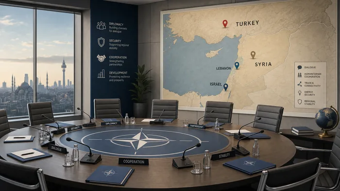 Symbolic scene with Ankara skyline, NATO-style conference table, and a map of the Levant.