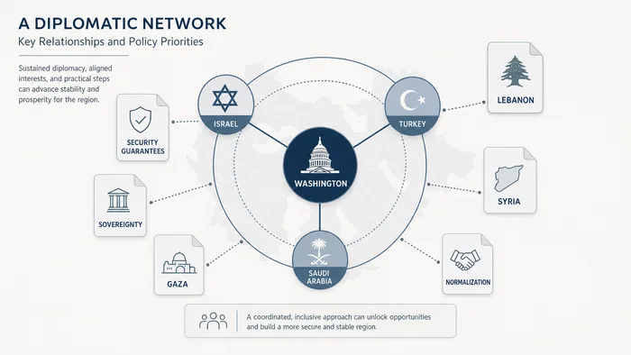 Abstract diplomatic network linking Washington, Israel, Turkey, and Saudi Arabia with overlapping policy files.