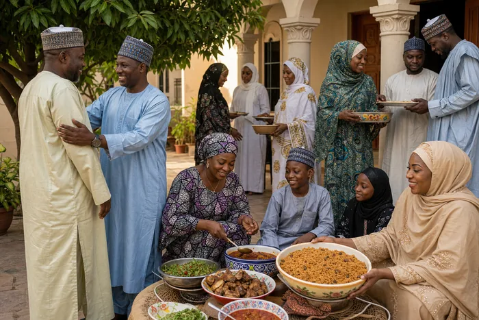A respectful Nigerian Eid scene showing families in festive dress preparing for a community meal, with no intrusive worship imagery.