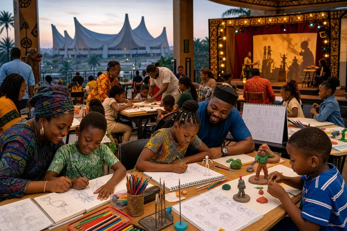 Children and families at a Nigerian arts venue, with animation workshop materials, stage lights and the National Theatre silhouette in the background.