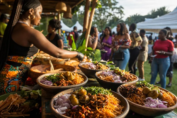 Close-up of prepared abacha with festival vendors and a lively Port Harcourt outdoor crowd in the background.