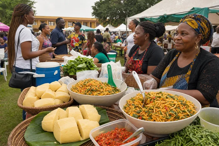 A table with abacha and okpa served in a festival setting, with vendors and visitors gathered behind it.