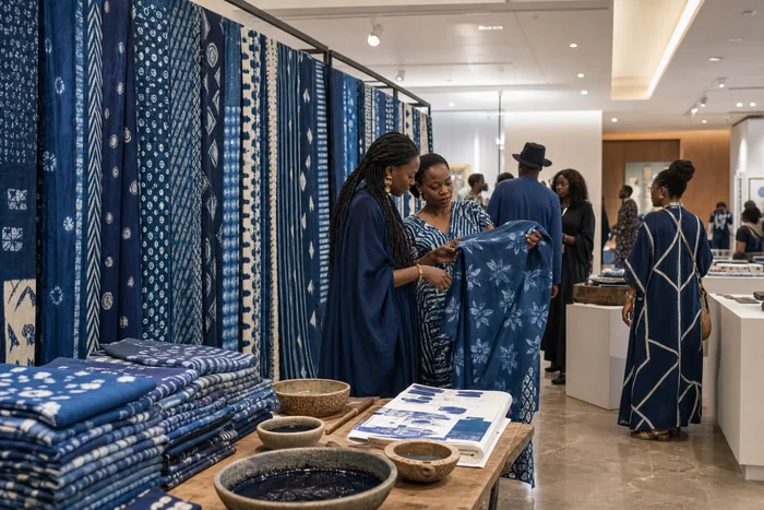 Rows of blue Adire textiles displayed at a Lagos exhibition with artisans and visitors looking closely at fabric patterns.