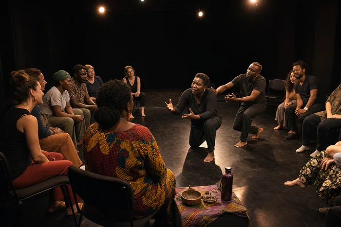 Actors in a small theatre space responding to an audience member’s story while workshop participants sit in a circle.