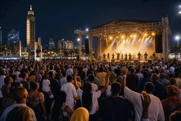 A large night-time gospel concert crowd at Tafawa Balewa Square with stage lights and worship musicians.