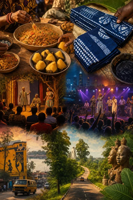 A warm collage-style scene showing Nigerian festival life with bowls of abacha, indigo Adire fabric, a theatre circle, a Lagos stage and a road sign pointing toward Osun.