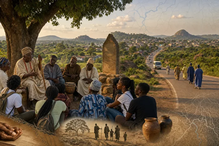 A heritage road scene linking Osun and Ekiti communities, with traditional leaders, storytellers and a historic-site marker in view.