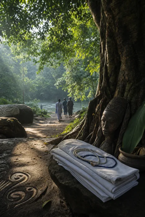 A respectful scene near a sacred grove pathway in Osogbo with white cloth, beads, trees and a river symbol in the distance.