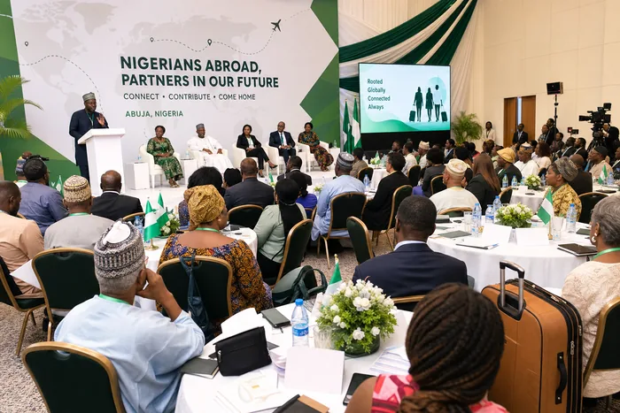 A formal Abuja diaspora gathering with Nigerian green-white-green colours, delegates, flags and a government-event setting.