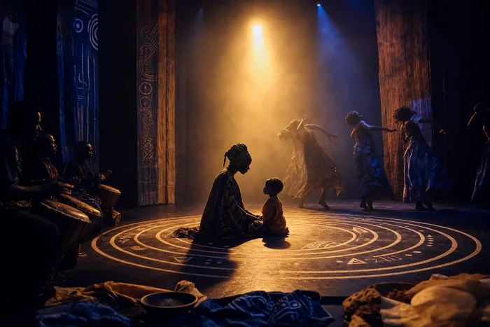 A dramatic Lagos stage scene with a mother-child silhouette, drums, warm theatre lighting and symbolic Yoruba-inspired costuming.