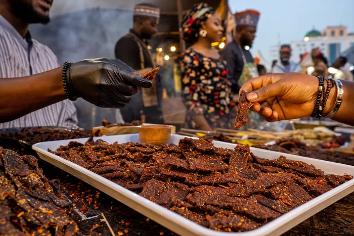Close-up of spiced kilishi at an Abuja food festival, with vendors, grills, smoke, music lights and people sampling food.