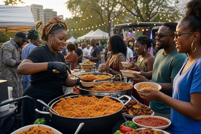 Colourful bowls of Nigerian jollof rice at a busy outdoor food festival with music lights, tasting stations and smiling attendees.