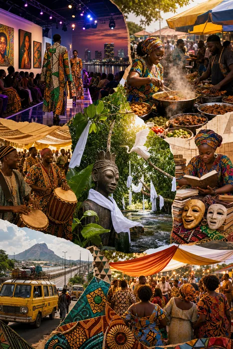 A colourful editorial collage of Nigerian cultural events, with Lagos fashion lights, Abuja food stalls, Osogbo river symbolism, drums, books and festival crowds.