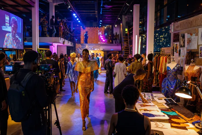A stylish Lagos creative event scene with runway lighting, gallery walls, young designers, cameras and bold contemporary African fashion.