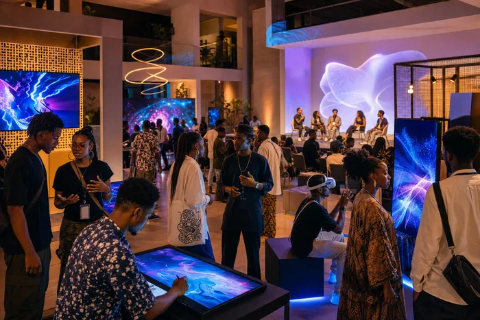 Young Nigerian creatives interacting with digital art screens, exhibition booths and a panel stage in Abuja.