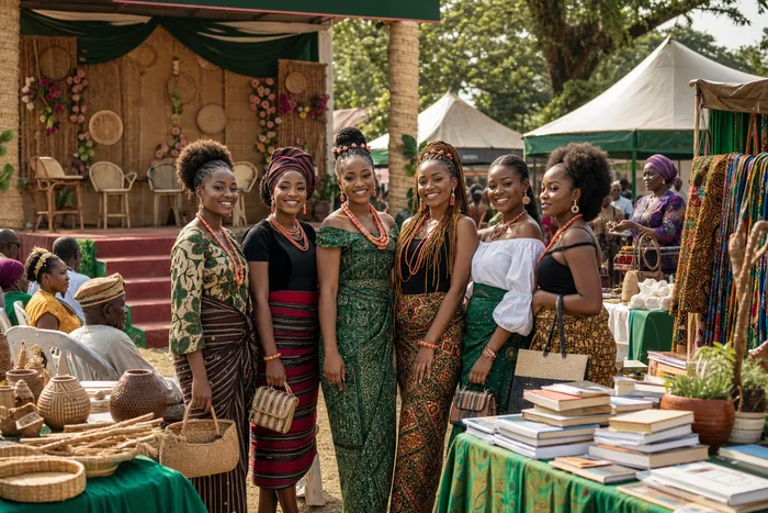 Young women in Abia-inspired attire standing near a cultural stage with craft and enterprise stalls in the background.