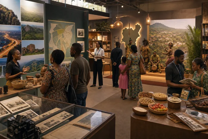 Visitors at an Enugu cultural tourism event with exhibition stands, city-tour imagery and a memory-centre setting.