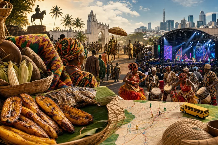 A colourful Nigerian cultural calendar scene showing roasted plantain, traditional textiles, drummers, a city stage and people gathering respectfully near a heritage setting.