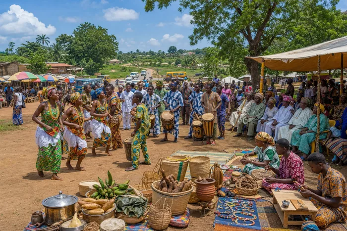 Yewa cultural dancers, musicians, youth participants and local food displays at a community festival in Ogun State.