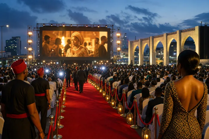 A large outdoor Nollywood premiere setup at Tafawa Balewa Square with a cinema screen, red carpet and audience seating.