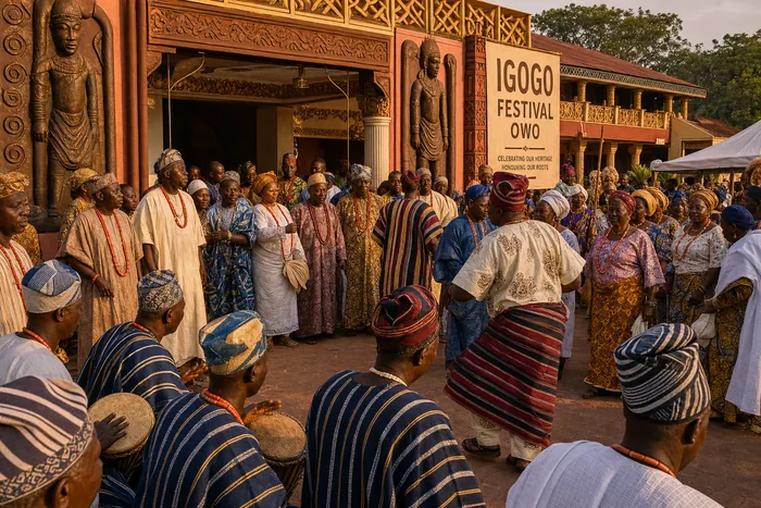 Owo festival participants in ceremonial dress gathered near a palace setting during Igogo Festival.