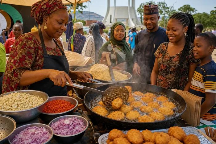Akara being fried at a Nigerian food festival stall with bowls of beans, pepper and visitors nearby.