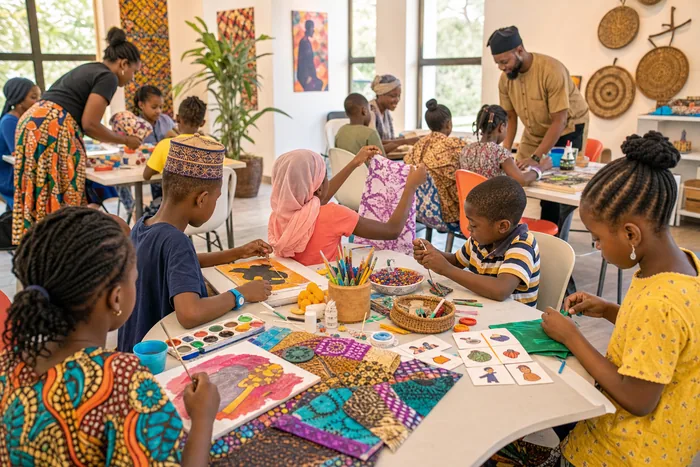 Children participating in supervised art and culture workshops with paint, fabric and craft materials in an Abuja venue.