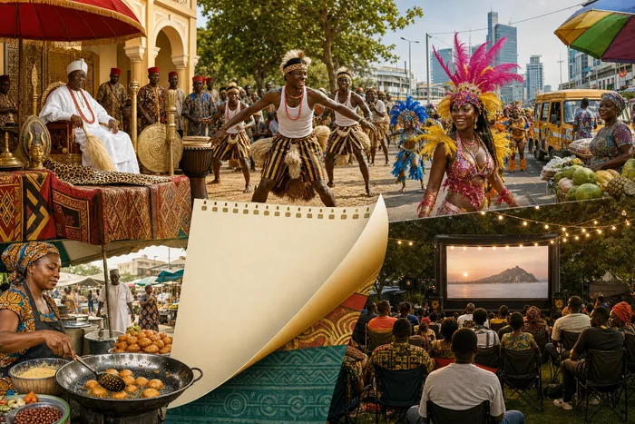 A collage-style scene showing Nigerian festival life in September: royal regalia, public dance, Lagos street carnival, Abuja food stalls and a cinema crowd.