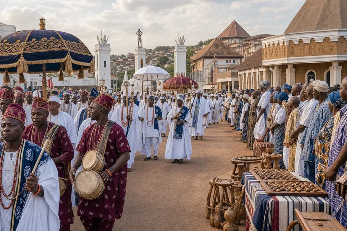 A respectful public cultural procession in Ile-Ife during Olojo Festival, with people in ceremonial dress and onlookers along the route.
