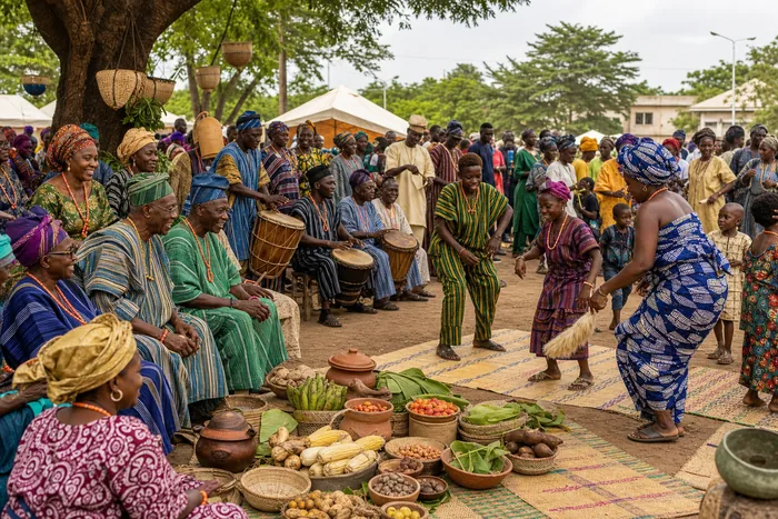 A community cultural festival scene in Yewaland with dancers, food displays and families gathered outdoors.