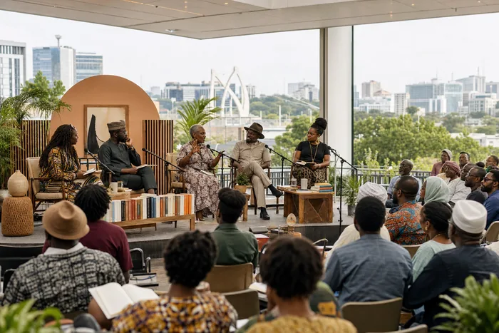 A book festival panel in Abuja with writers seated on stage, books on display and an attentive audience.