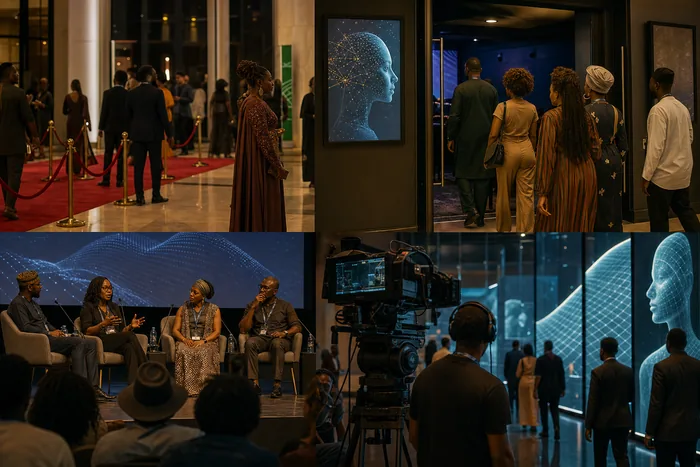 A film festival scene with a cinema lobby, red carpet, filmmaker panel and audience members in Abuja.