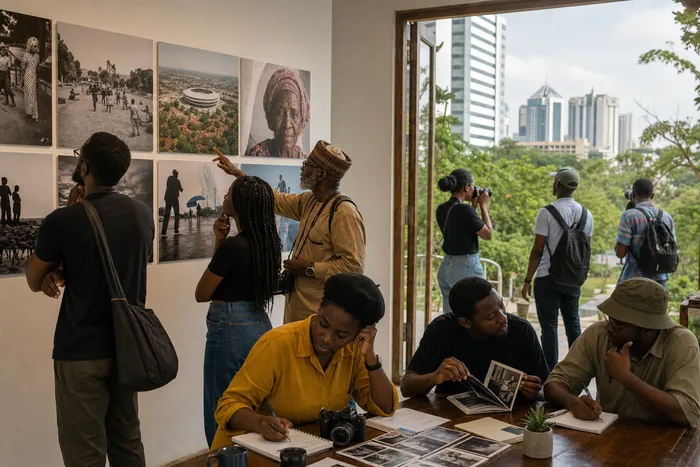 Photographers at an Abuja photo festival viewing prints, joining a workshop and taking part in an outdoor photo walk.