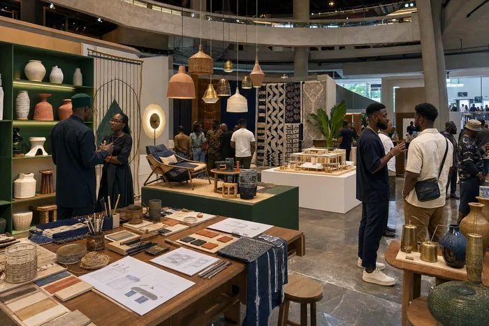 A design exhibition scene with furniture, textile samples, installations and visitors inside a modern Lagos cultural venue.
