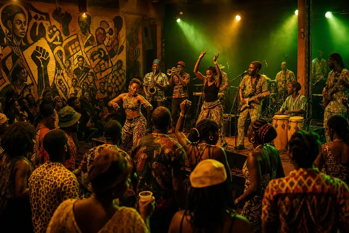 A Lagos Afrobeat stage scene with musicians, dancers, warm lights and an audience inside a Shrine-style venue.