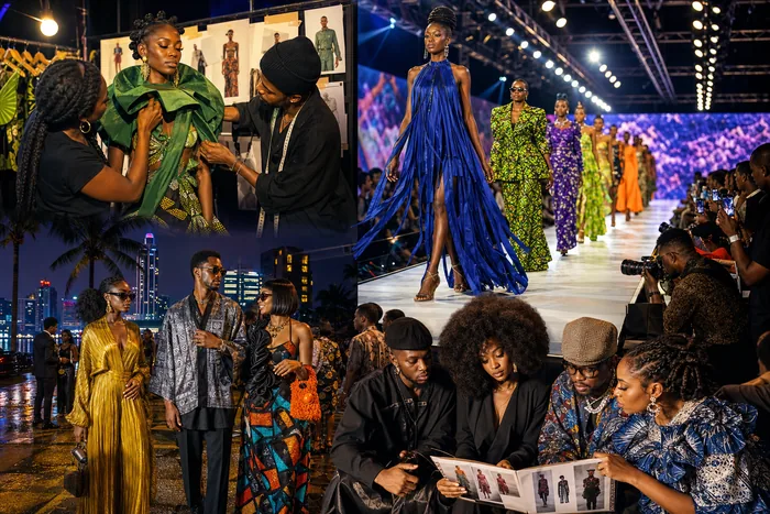A Lagos fashion runway with models, designers backstage, street style guests and bright show lighting.