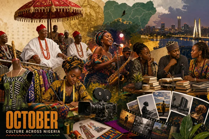 A collage-style scene showing Nigerian festival life with royal umbrellas, a music stage, books, fashion textiles, cameras and city lights.