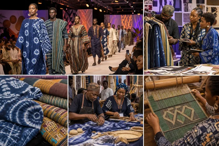 A fashion runway and textile display scene with Nigerian fabrics, designers, models and craft close-ups.
