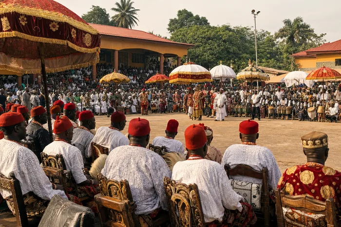A respectful view of a royal-cultural gathering in Onitsha with ceremonial umbrellas, chiefs in red caps and a large community audience.