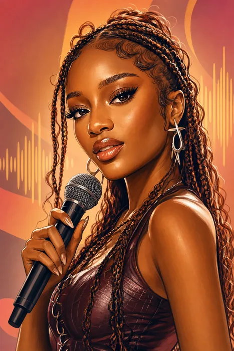 Illustrated head-and-shoulders portrait of Ayra Starr with music-themed background elements.
