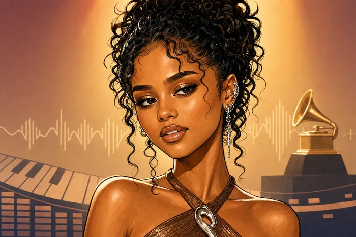 Illustrated head-and-shoulders portrait of Tyla with subtle music-themed background cues.