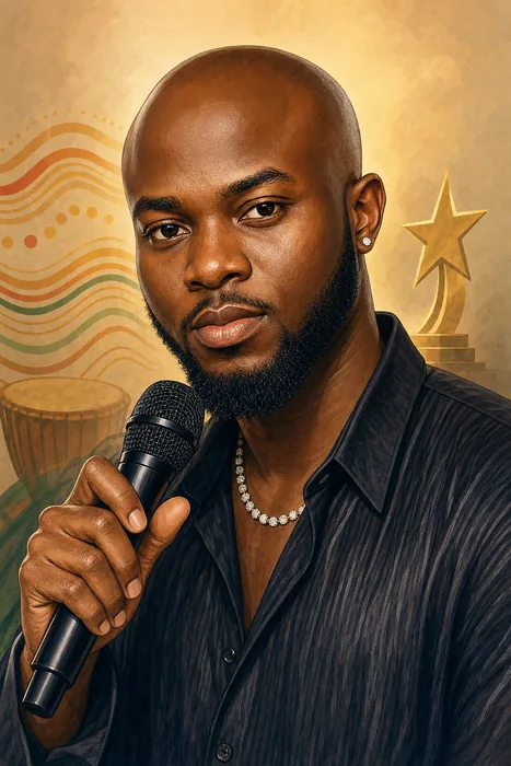 Illustrated head-and-shoulders portrait of King Promise with subtle music-themed cues.