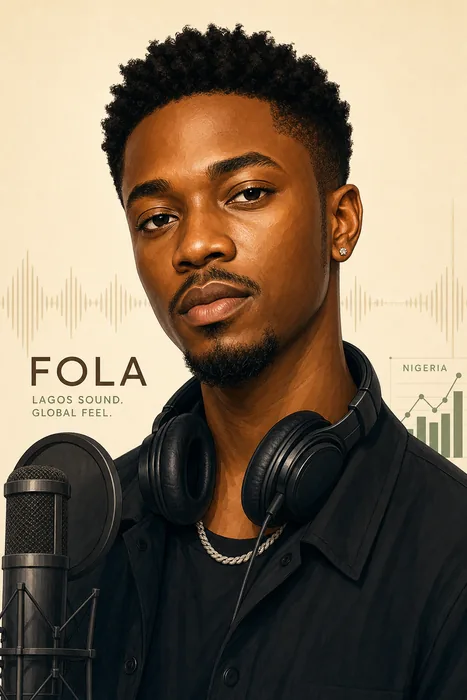 Illustrated head-and-shoulders portrait of FOLA with subtle music-themed background cues.