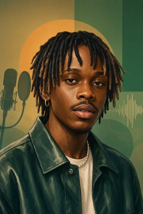 Illustrated head-and-shoulders portrait of Fireboy DML with music-themed background cues.
