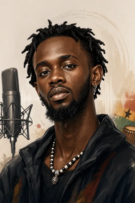 Illustrated head-and-shoulders caricature of Black Sherif with a microphone and simple music-themed background.